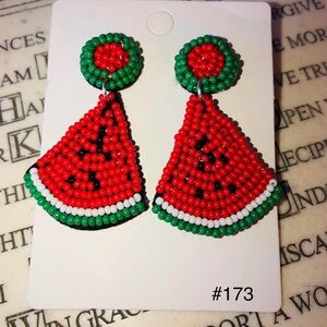 #173 | Watermelon Slice Seed Bead Post Back Dangle Earrings